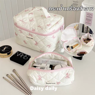 พร้อมแล้ว🎀กระเป๋าเครื่องสําอาง กระเป๋าคลัทช์ โบว์สีชมพู กระเป๋าเดินทาง ขนาดใหญ่ จุของได้เยอะ แบบพกพา