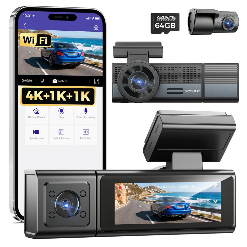 Azdome M500 3 ช่อง Dash Cam ด้านหน้าด้านหลังและภายใน, 4K + 1080P + 1080P กล้องติดรถยนต์สามทาง, WiFi 