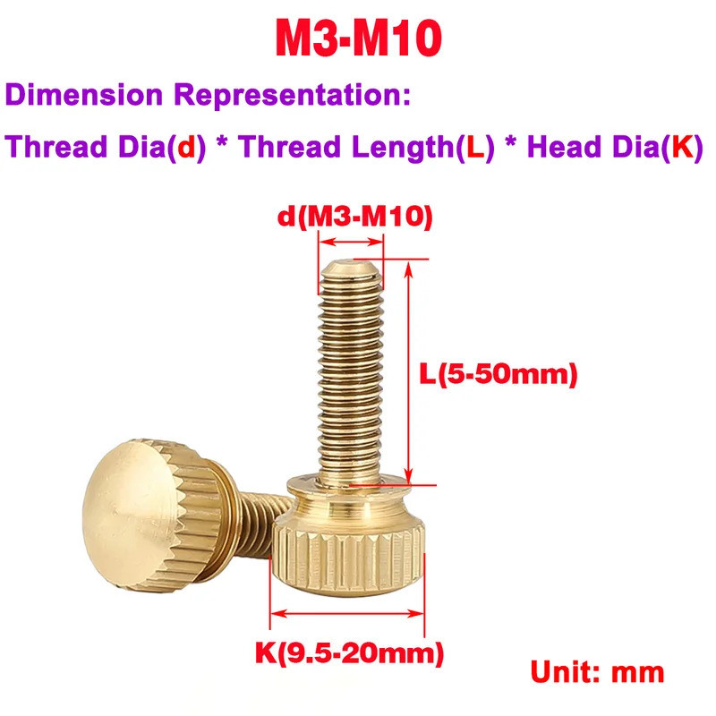 Brass Hand Screw Round High Head Knurled Screw Double Hand Screw Catapult Copper Bolt M3-M10
