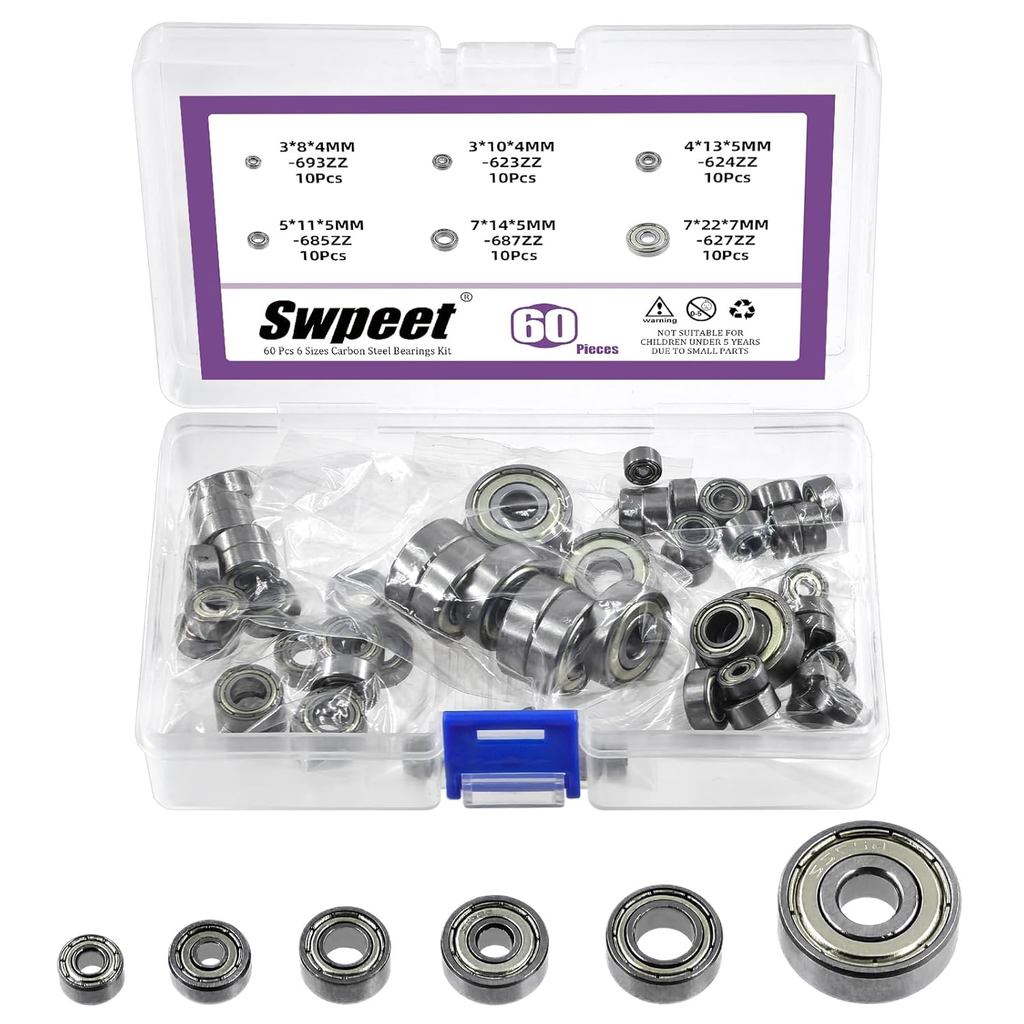 Swpeet 60 ชิ้น 6 ขนาด 693ZZ, 623ZZ, 624ZZ, 685ZZ, 687ZZ,627ZZ Ball Bearings Assortment Kit, เหล็กคาร