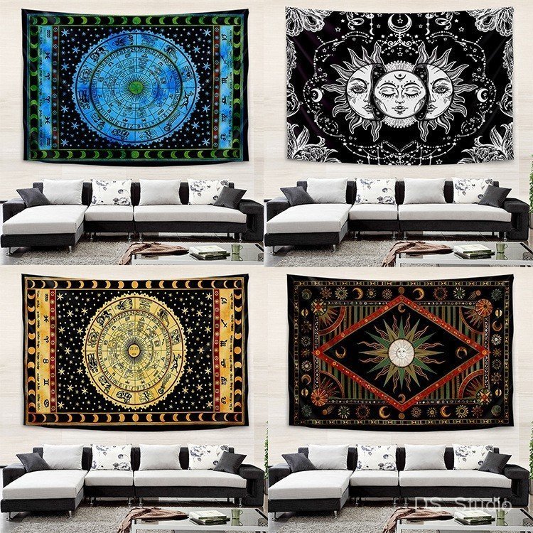 ผ้าพื้นหลังซาตานสีเข้ม แพะในกะโหลก ตกแต่งแนวร็อค แบรนด์สัก ห้องนอน วงดนตรี ผ้าแขวน ผ้าทอผนัง