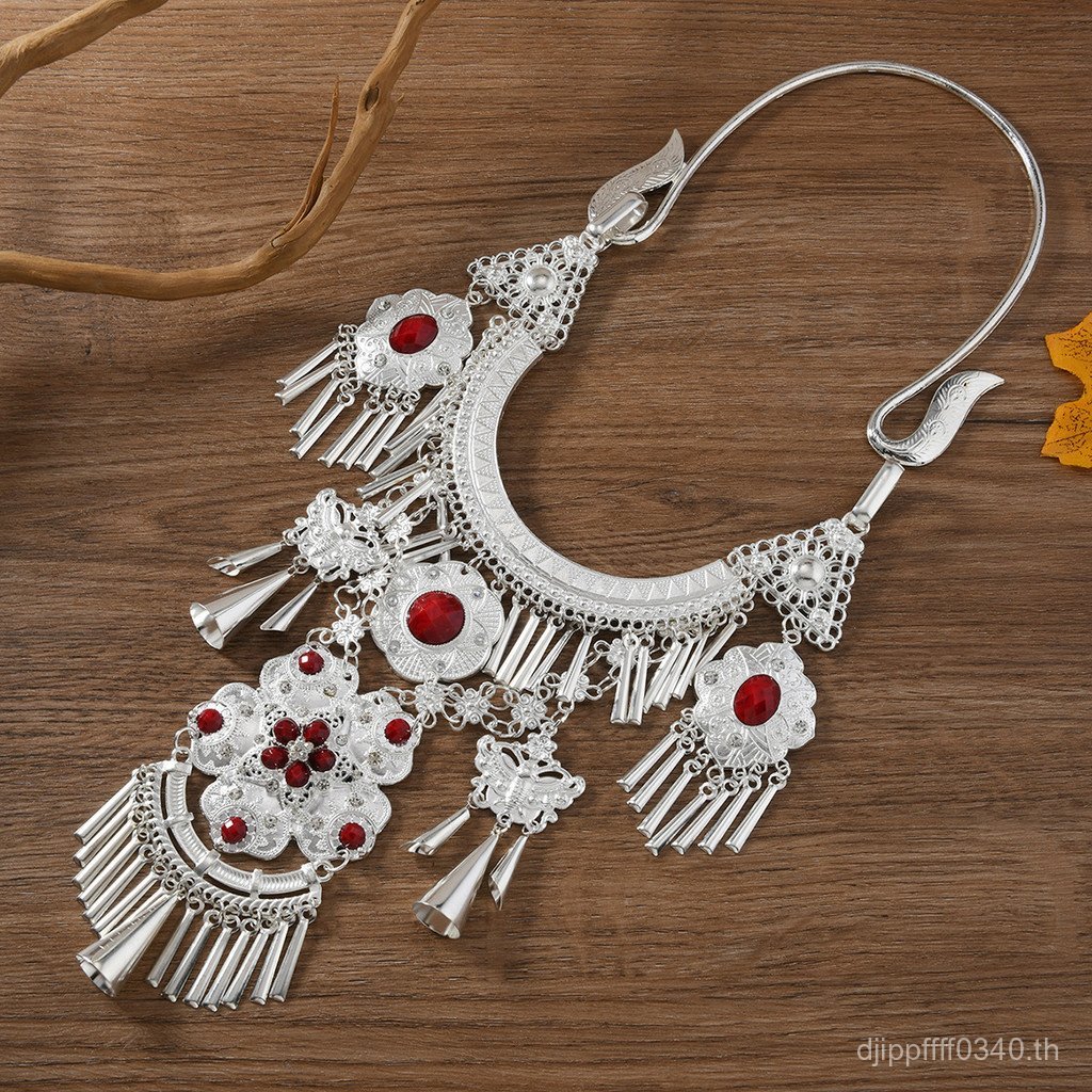อุปกรณ์เสริมประสิทธิภาพแม้วเครื่องประดับเงินสร้อยคอแม้วชาติพันธุ์ขนาดใหญ่ย้อนยุคสไตล์ชาติพันธุ์จี้คอ