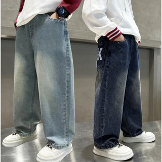 New Boys' Loose-Fit Wide-Leg Jeans | Stylish GK Print Back Pocket Denim Pants