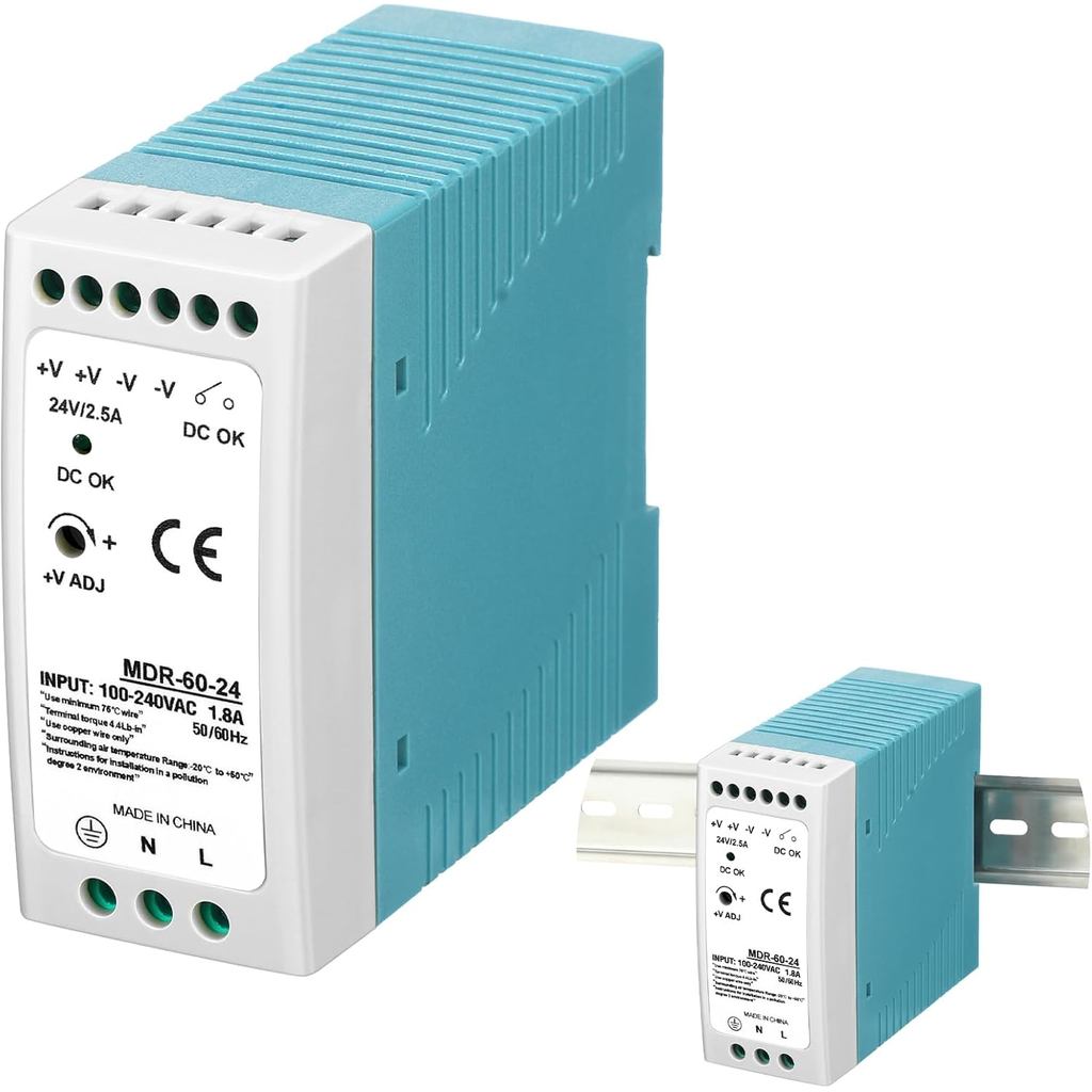 Yexiya 24 VDC 24V 2.5A DIN Rail Power Supply MDR 60W DIN Rail Dual Output (อินพุต: 100-240VAC, เอาต์