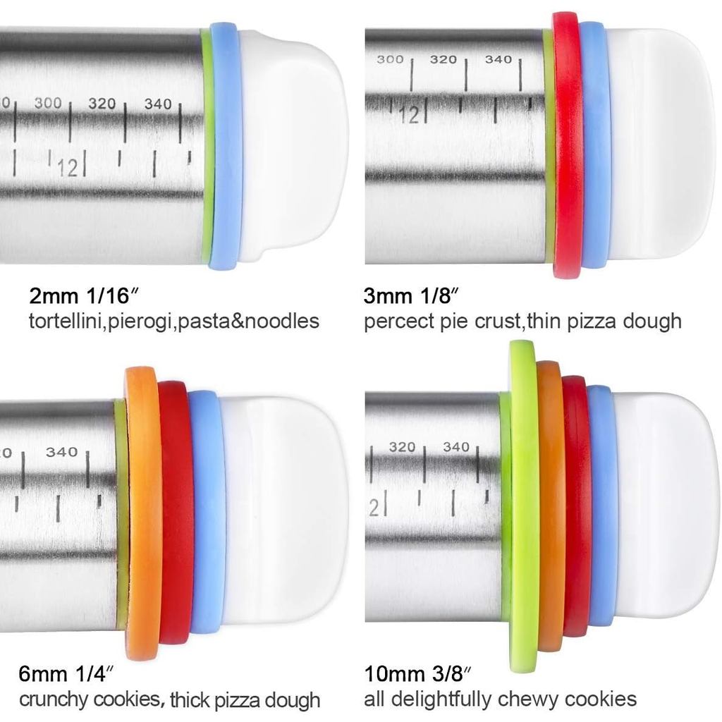 Rolling Pin and Pastry Baking Mat Set, Rolling Pins with Adjustable Thickness Rings, Stainless Steel