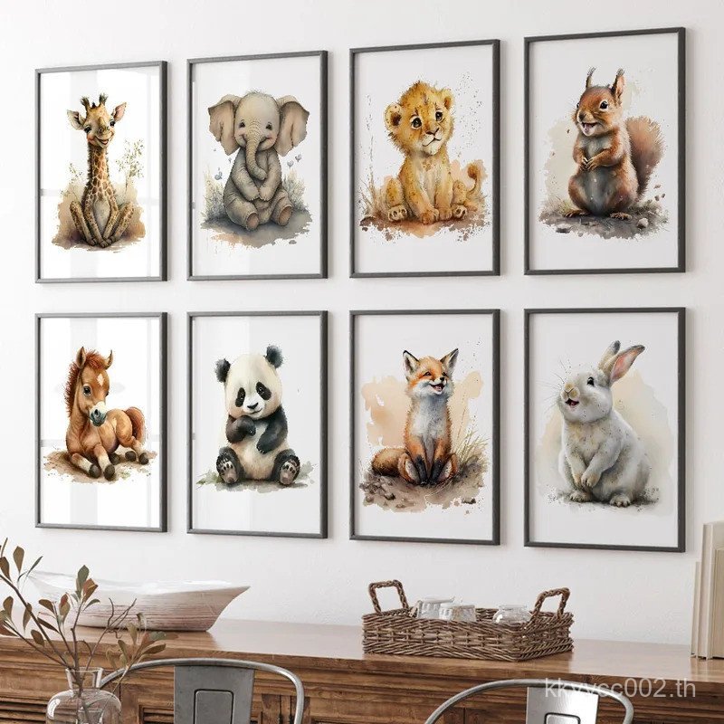 สีน้ำ Lion Fox ภาพวาดสัตว์หลากชนิด ผ้าใบโปสเตอร์ Wall Art เหมาะสำหรับตกแต่งห้องเด็ก Z7VD
