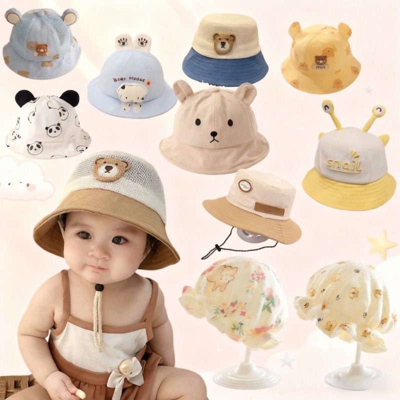 หมวกเด็ก หมวกกันแดดเด็ก  ป้องกันรังสียูวี ลําลอง ลายหมีน้อยน่ารัก บางและระบายอากาศได้ดีหมวกบักเก็ตเด็ก