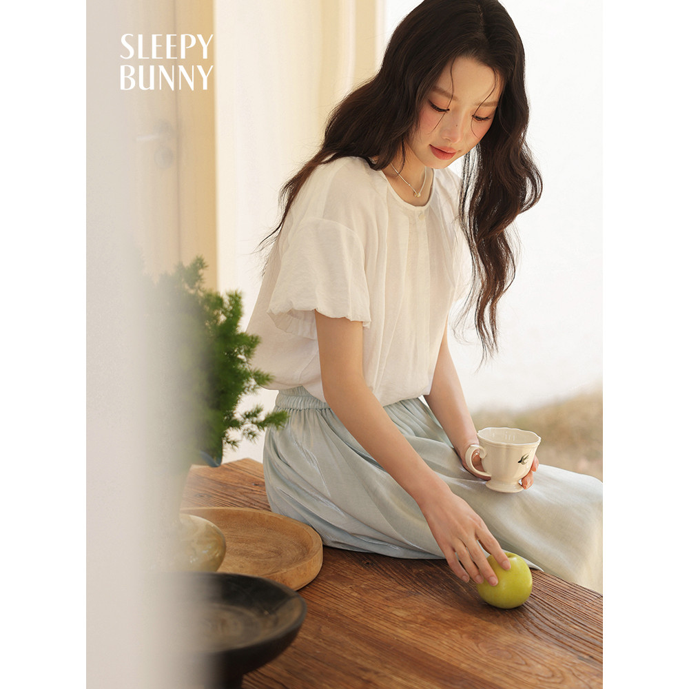 เสื้อเชิ๊ตรหัสสีขา"นแขนสั้นสำหรับผู้หญิง พริ"ตกระต่ายน่ารัก สไตล์สบายๆ เหมาะสำหรับฤดูร้อนและ