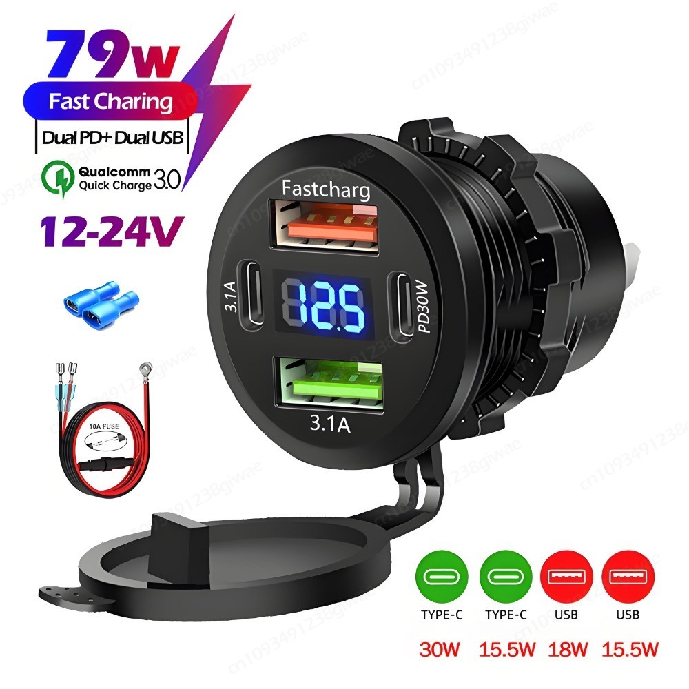 ใหม่ USB Car Charger ซ็อกเก็ต Dual Type-C และ Dual USB-A พอร์ตกันน้ํา LED โวลต์มิเตอร์ Fast Charging 12 V/24 V สําหรับ Moto อะแดปเตอร์