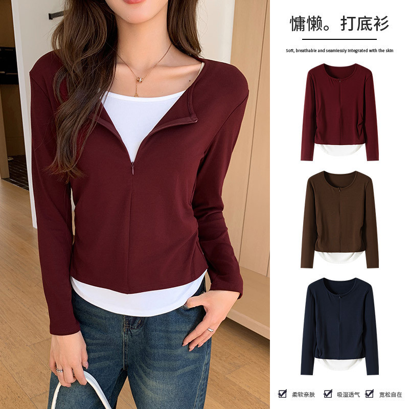 H401 ใหม่ซิปปลอมสองชิ้นแขนยาวเสื้อยืดshir H401 新款拉链两件长休闲短袖连衣TX110401