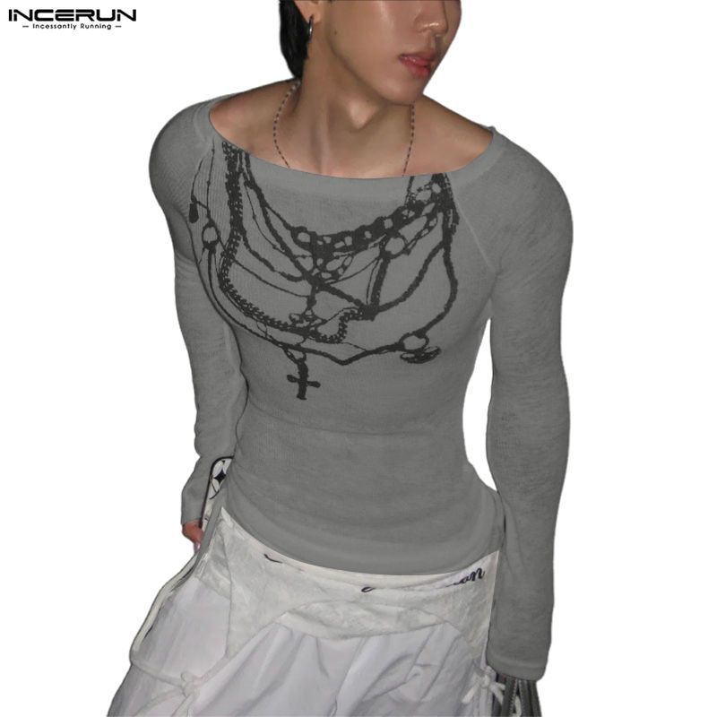 เสื้อยืดโปร่งใสครึ่งโซ่พิมพ์ลาย สำหรับผู้ชาย