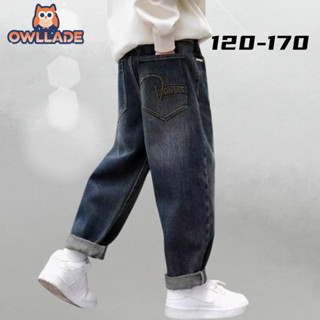 OWLLADE_beggy_baggy กางเกงยีนส์สีดำสำหรับเด็กอายุ 12 ปีและวั…
