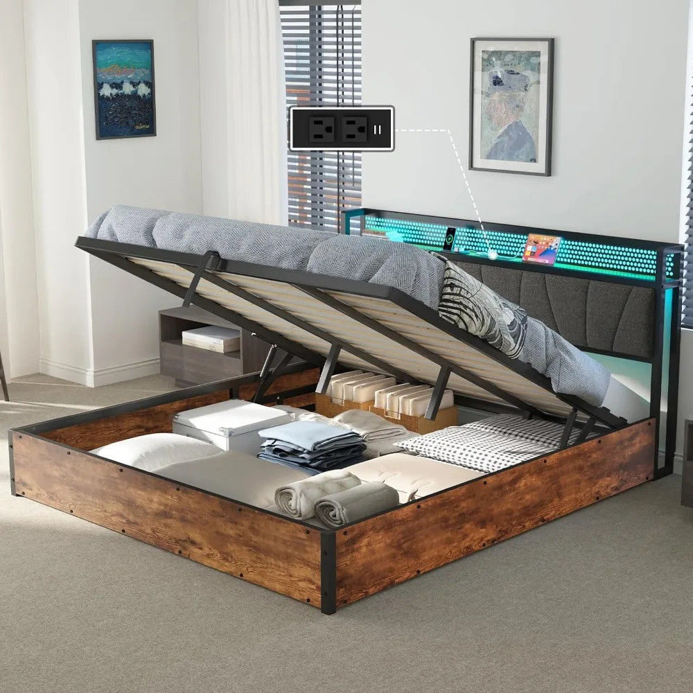 King Size Lift Up Bed Frame With Linen Upholstered & Led Light & Storage Headboard, Platform Bed Fra