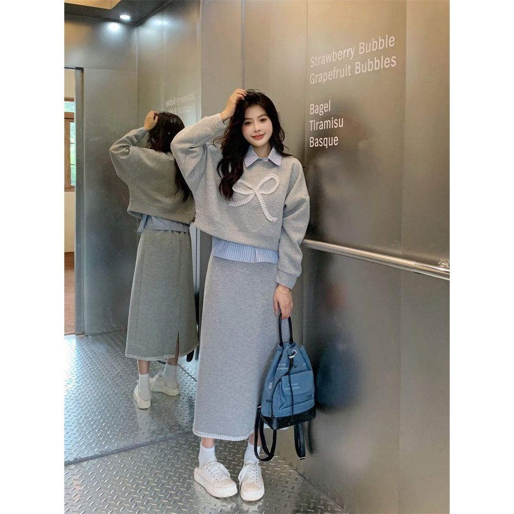 ชุดลำลองสตรี ปลอมสองชิ้นเสื้อกันหนาว ฤดูใบไม้ร่วง กระโปรงครึ่งความยาวเน้นเอว