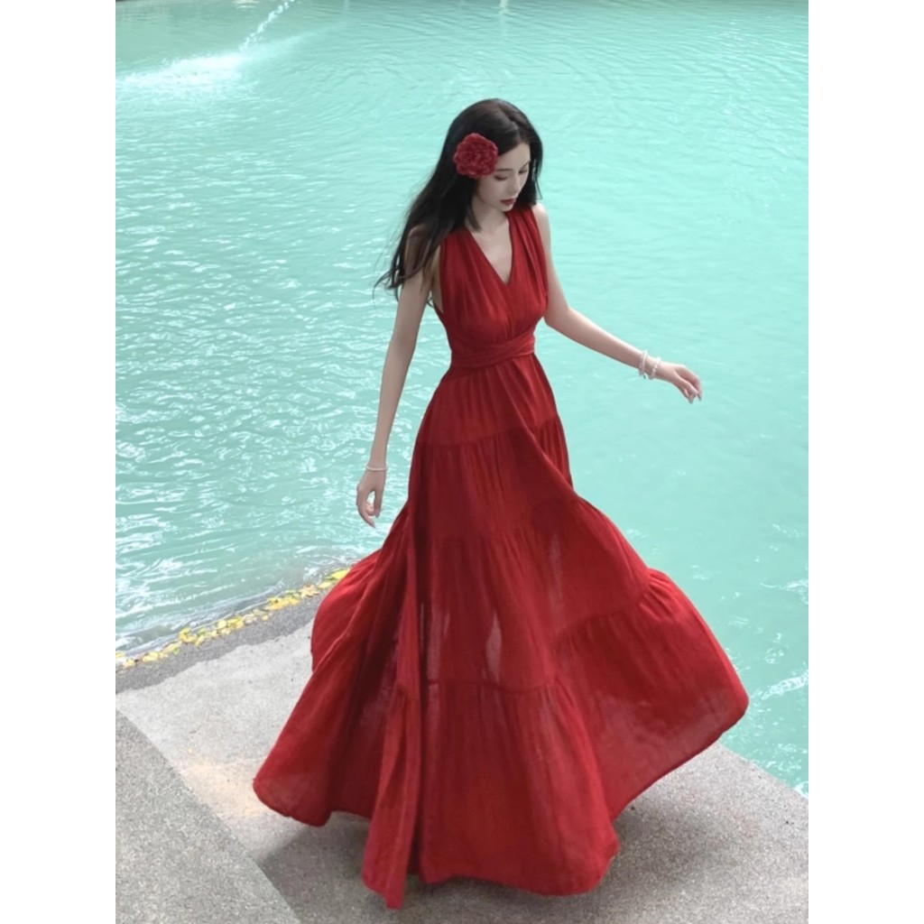 ชุดHalเตอร์สีแดงคอวีสำหรับวันหยุดชายทะเล แบบLaced-Up ทรงเพรียวบาง รหัส119PTHSG2