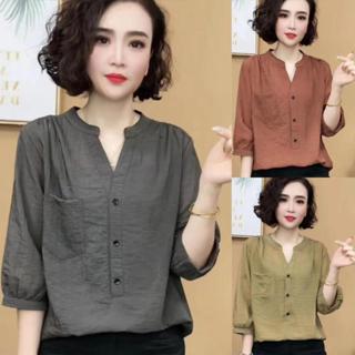 Chili Koko เสื้อเชิ้ตคอวีแขนสามส่วนสไตล์เรโทรสำหรับผู้หญิง ด…