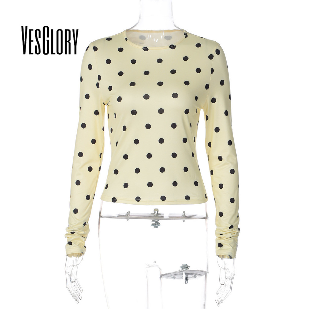 VesGlory เสื้อยาวทรงเรียบสำหรับผู้หญิงปี 2025 สีเหลืองและดำ ลายจุดโพลกา สวมใส่ง่ายสไตล์สตรีทแวร์ — صورة 5