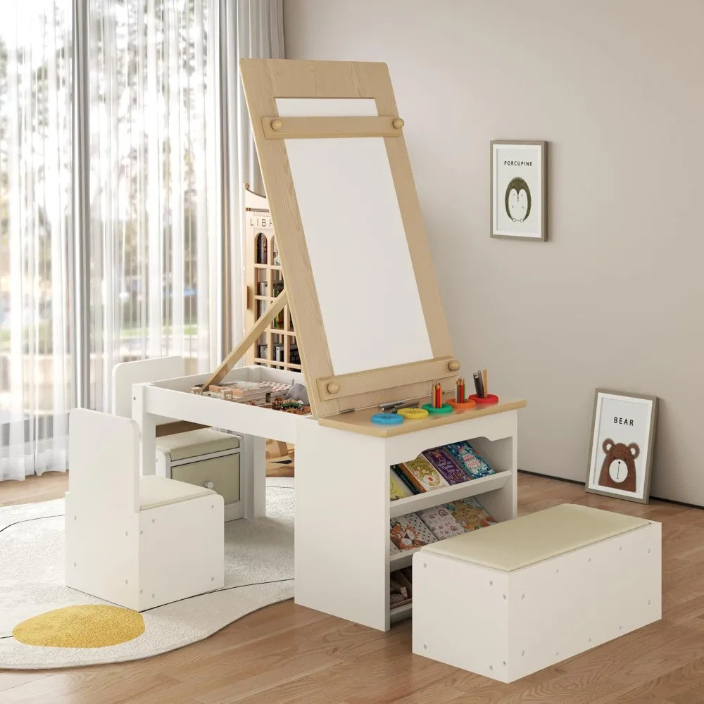 3 In 1 Kids Art Table And Chair Set,art Desk & Stand W/ ชั้นเก็บของ,ม้วนกระดาษ,toddler Table And Cha