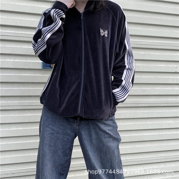 Needles track Blue Silver Velvet Striped Jacket Trendy Casual Coat for Men and Women