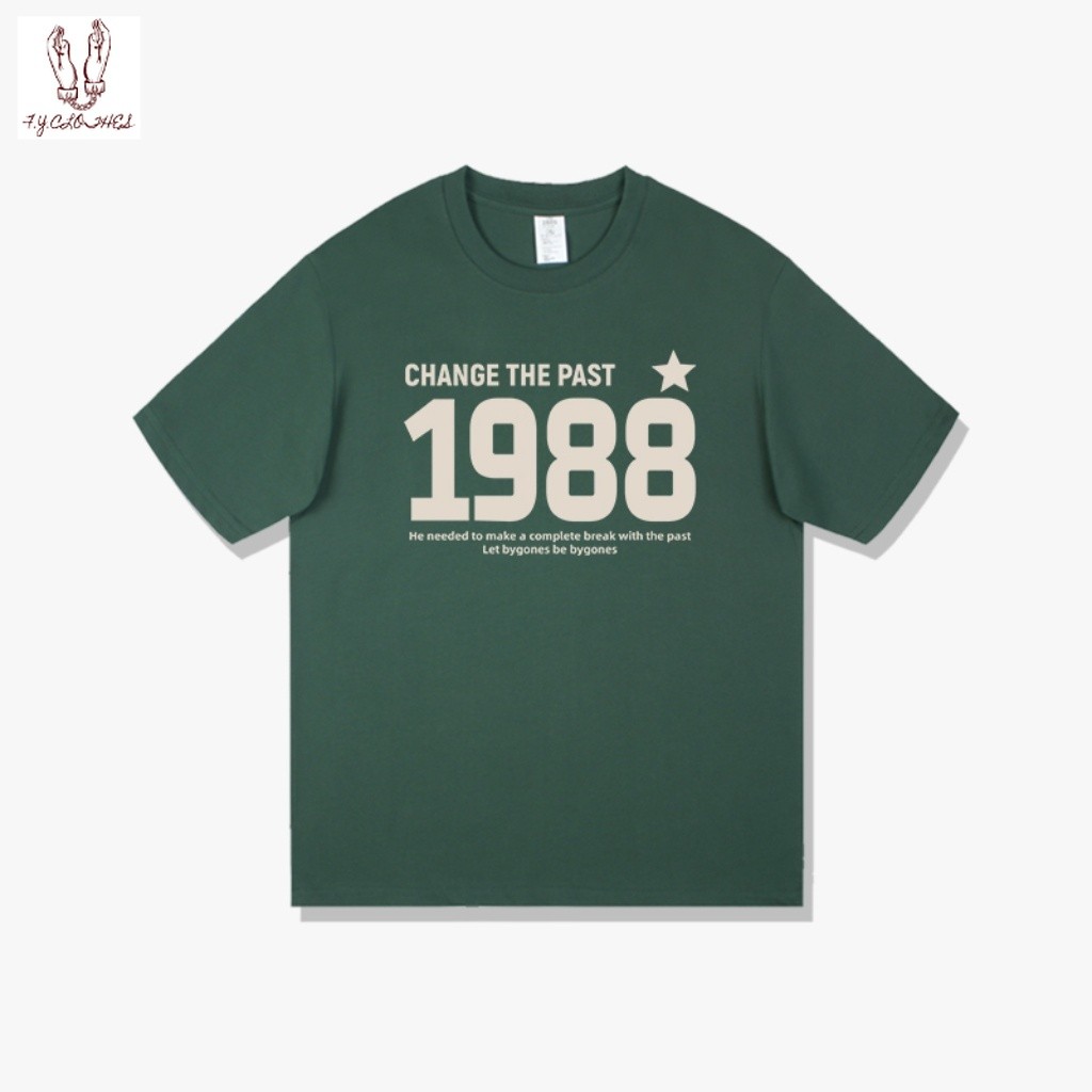 เสื้อยืดแขนสั้นผู้ชายผ้าฝ้ายแท้เนื้อหนา ลายดาวสไตล์อเมริกันปี 1988 เสื้อยืดแขนสั้นสีดำบางทันสมัยสำหรับฤดูร้อน
