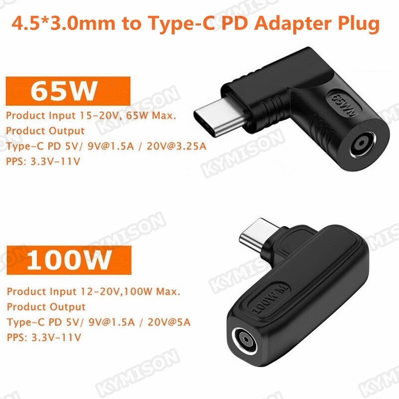 100W DC 4.5X3.0 มม.19V ถึง USB C PD Power Adapter Converter Plugfor HP แล็ปท็อปชาร์จ 5V 9V 20V Type 