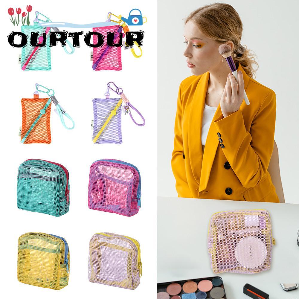 URTOUR กระเป๋าเครื่องสําอางตาข่าย, กระเป๋าเก็บความจุขนาดใหญ่สีลูกกวาด, กระเป๋าใส่เหรียญสี Dopamine ทนทาน