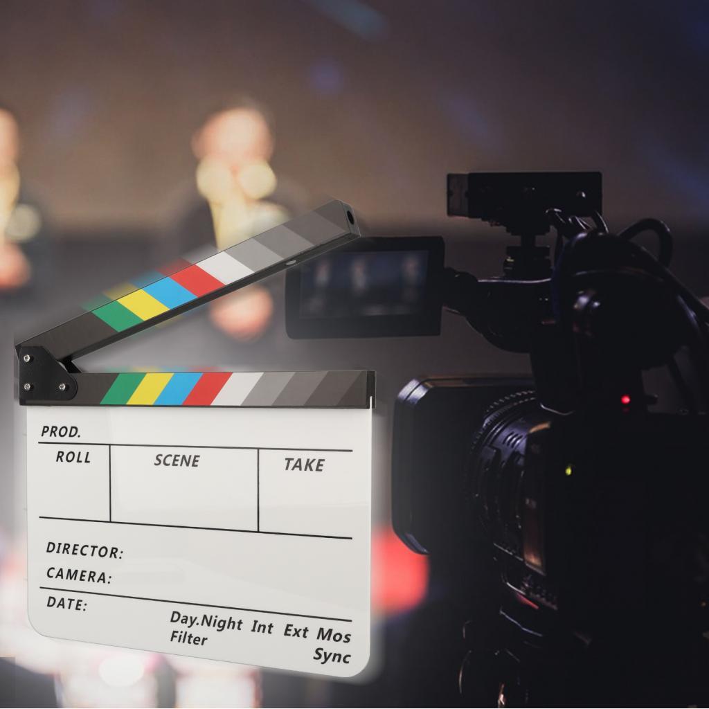 ฟิล์ม Clapper Board การถ่ายภาพ Prop เสียงคมชัดภาพยนตร์ Clapboard สีสันสดใสพร้อมปากกายางลบสำหรับ Cut 