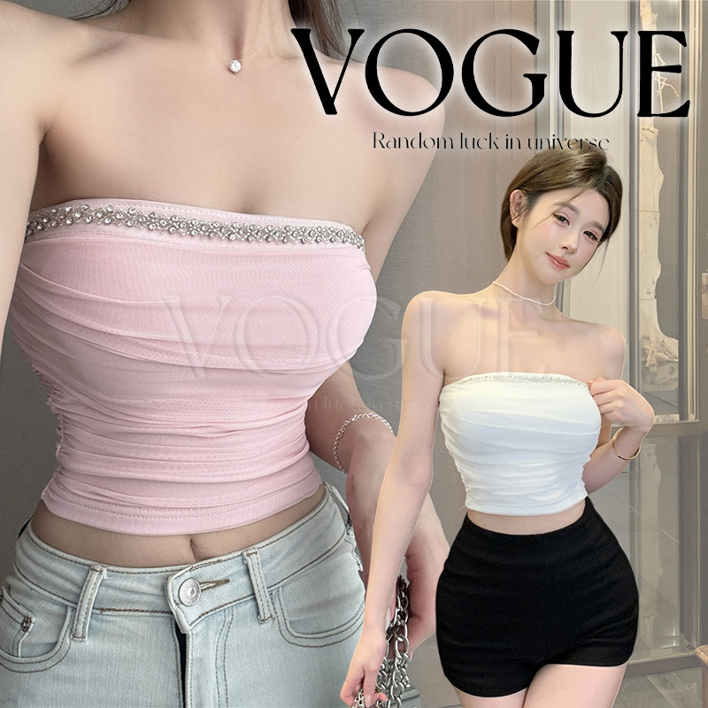 Vogue🌟พร้อมส่ง🌟 เสื้อเกาะอกขนมุ้งมิ้งใ เสริมฟองน้ำในตัว ทรงเว้าเข้ารูป พรางหุ่น  (FY5051)
