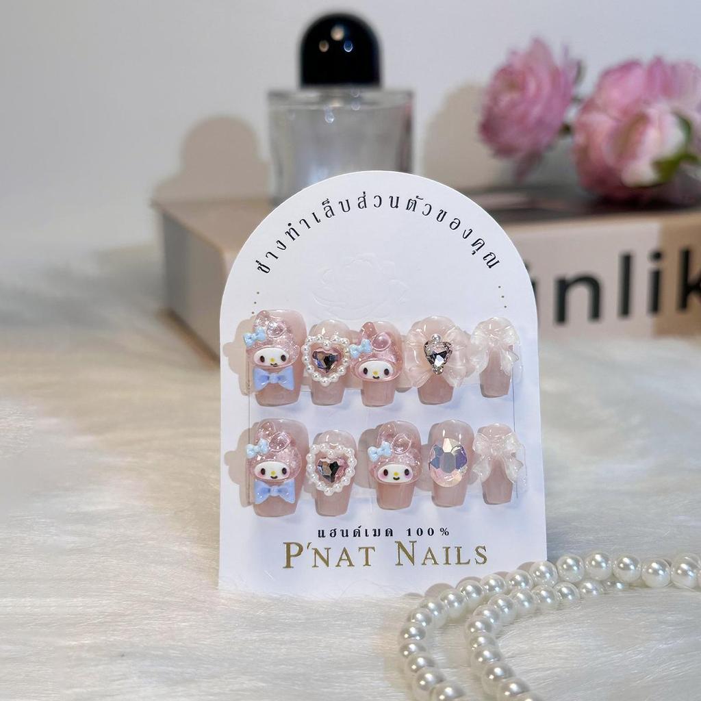 A018 P'Nat 10 ชิ้นต่อชุด เล็บปลอมเจลแท้แฮนด์เมด การ์ตูน มายเมโลดี้ปั้นนูน สีชมพูใส หวานน่ารัก ใช้ซ้ำได้ ติดทน อุปกรณ์*1