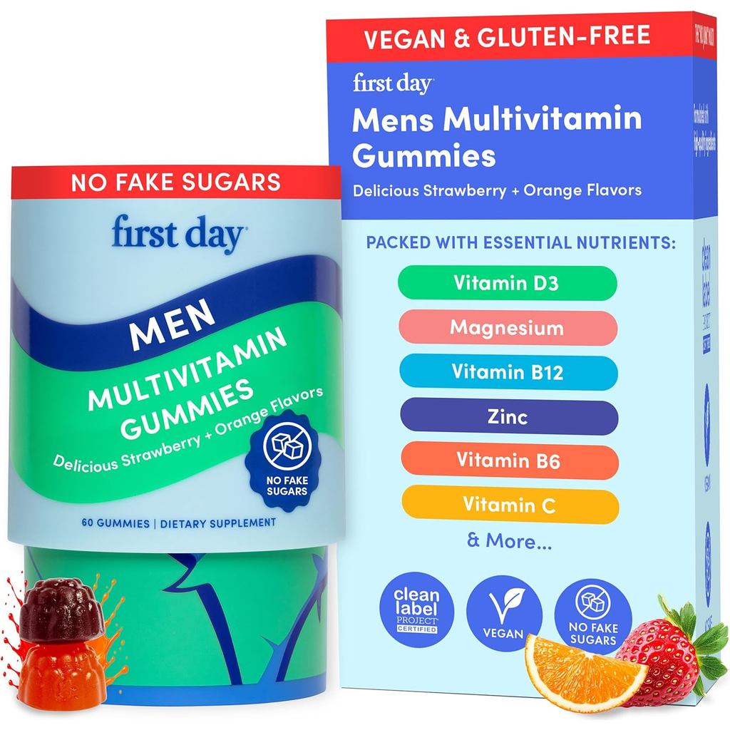 FIRST DAY Multivitamin for Men + Organic Fruit & Veggie Blend, Mens Multivitamins Gummies with 13 Ke