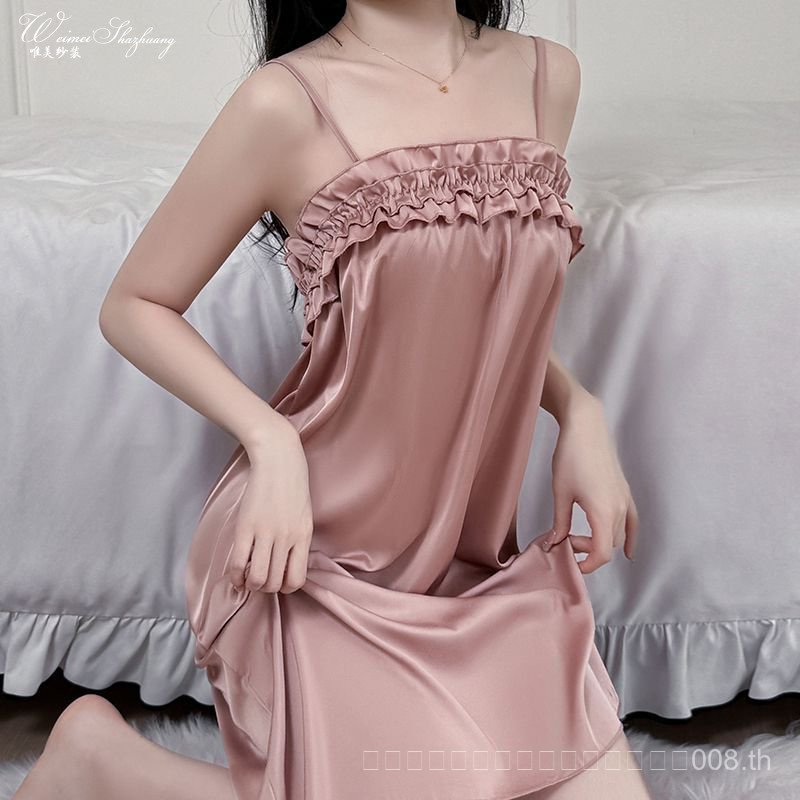 นอนเดรสสำหรับผู้หญิง สไตล์เกาหลีหวานเซ็กซี่ ผ้าไหมน้ำแข็งเบาๆ สวมใส่ง่าย