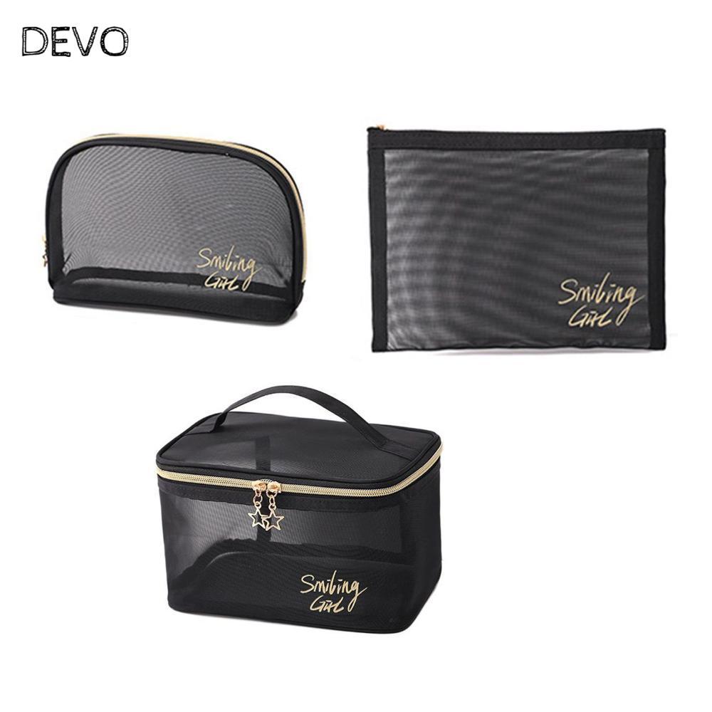 DEVO 3 ชิ้นตาข่ายกระเป๋าเครื่องสําอางผู้หญิงแบบพกพาความจุขนาดใหญ่การจัดเก็บการเดินทาง