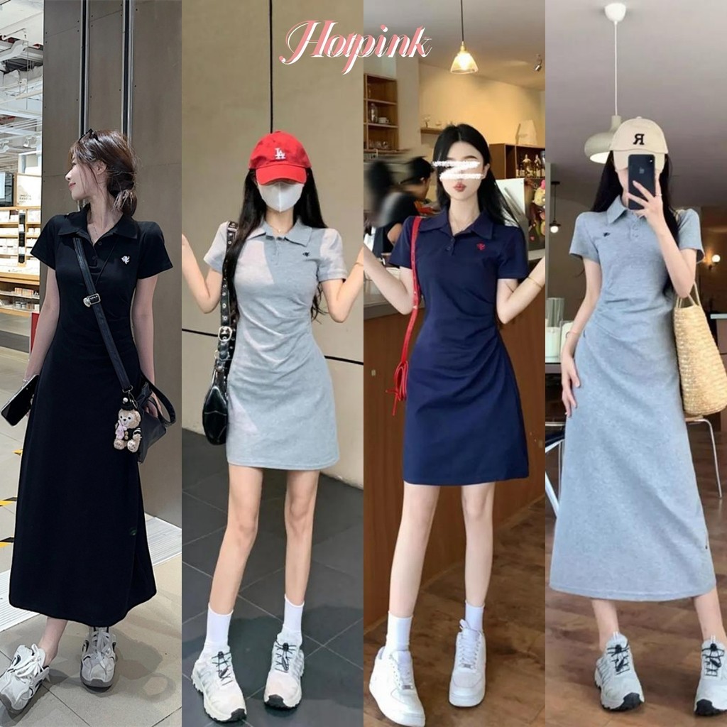 Hotpink ส่งจาก Bangkok🔥เดรสปักลาย คอปกโปโล สำหรับผู้หญิง สไตล์ฤดูร้อน แขนสั้น เดรสจับจีบ เดรสจับจีบ สไตล์เอว #2010