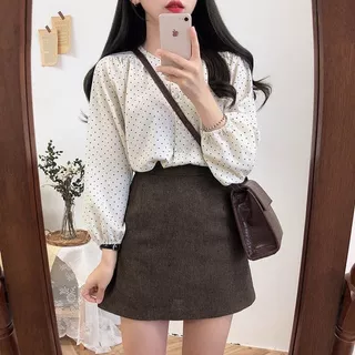 เสื้อเชิ้ตแขนยาวผ้าชีฟองฝรั่งเศสลายจุดย้อนยุคสำหรับผู้หญิง