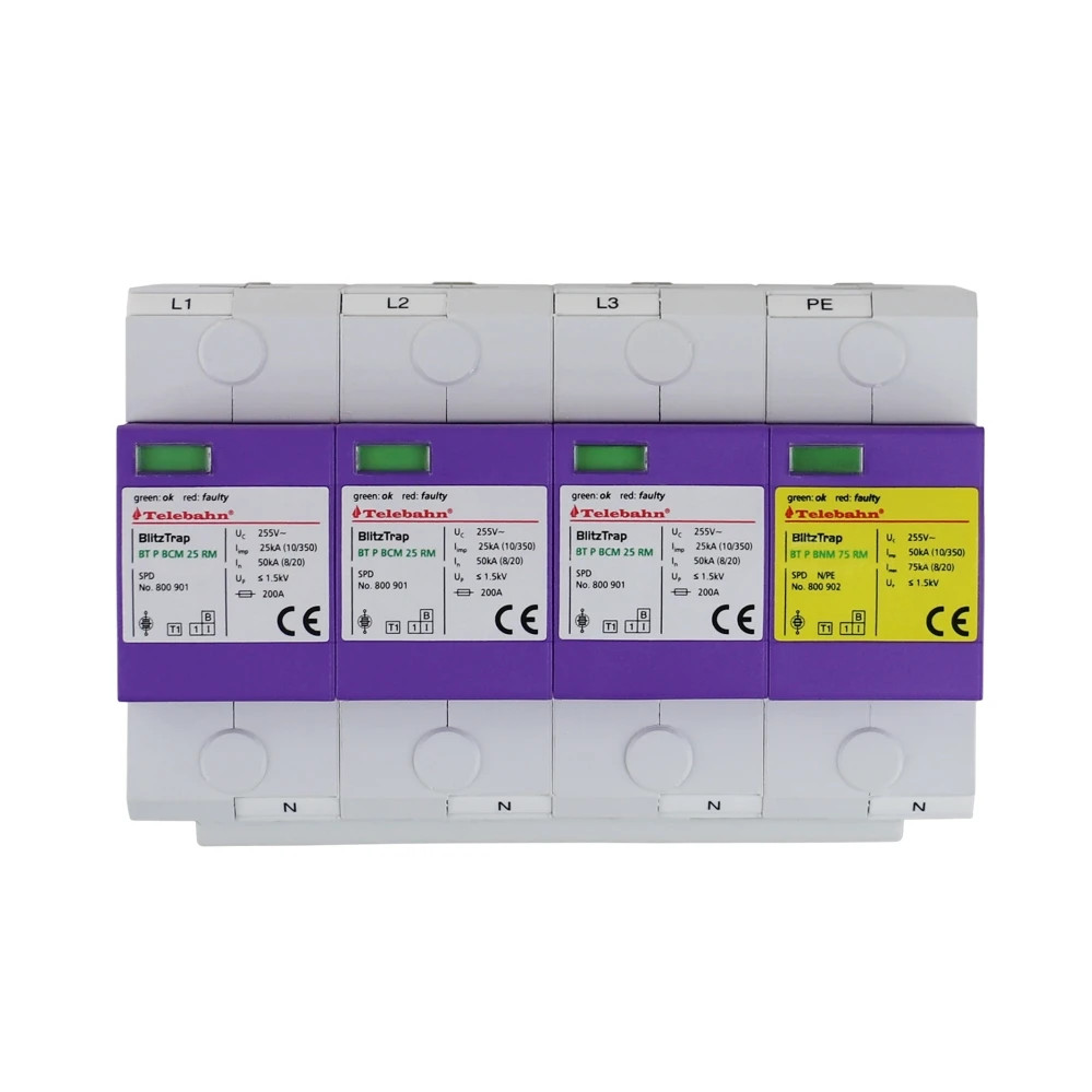 โรงงานใหม่ Telebahn T1+T2 AC SPD 230V/400V/255V 25kA 50kA 75kA 100kA สามเฟส TT3+1 /TN-S Surge Protec