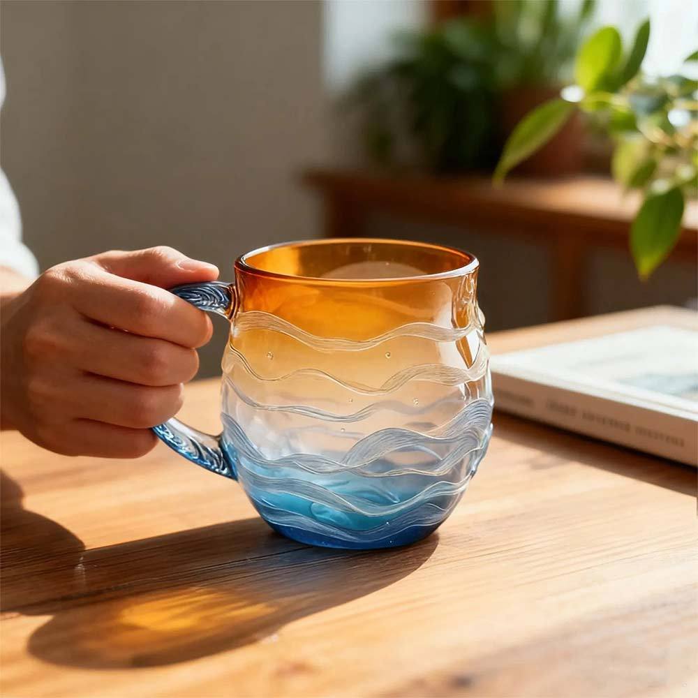 Ocean Sunset Glass Mug Sea Inspired Coffee Cup with Wave Handle Gradient Colors Tea Cup
