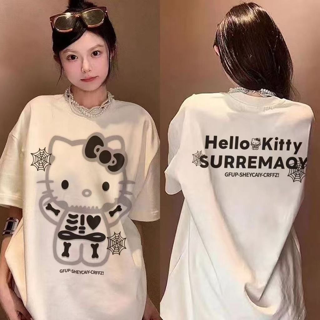 Luvoro 2025 เสื้อยืดคอตตอน 100% HOLLE KITTY อกผูกโบ ยูนิเซ็กส์ (สีดำ/ขาว) C1690