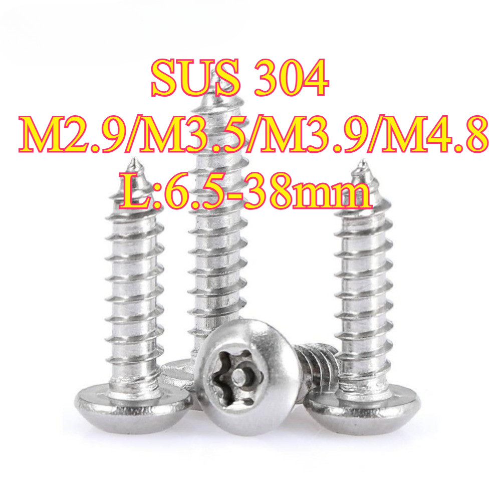304 สแตนเลสสตีลดอกพลัมหัวจม/หัวกลมพร้อมคอลัมน์สกรูป้องกันการโจรกรรมแตะด้วยตนเอง M2.9/M3.5/M3.9/M4.8 