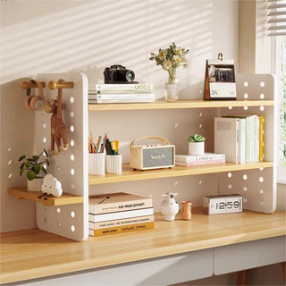 ชั้นวางของบนโต๊ะ pegboard เก็บชั้นหนังสือไว้บนโต๊ะ ชั้นเก็บของเดสก์ท็อป สีขาว/สีไม้ ที่เก็บข้อมูลเดสก์ท็อป สไตล์มินิมอ