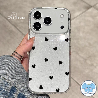 น่ารักครีมหมี15 สำหรับ IPhone 13 17 AIR 16 12 11 15 14 Pro Max XR X XS 6 7 8 15 14 Plus เคสใสเนื้อกลิตเตอร์หัวใจรักสีดำ