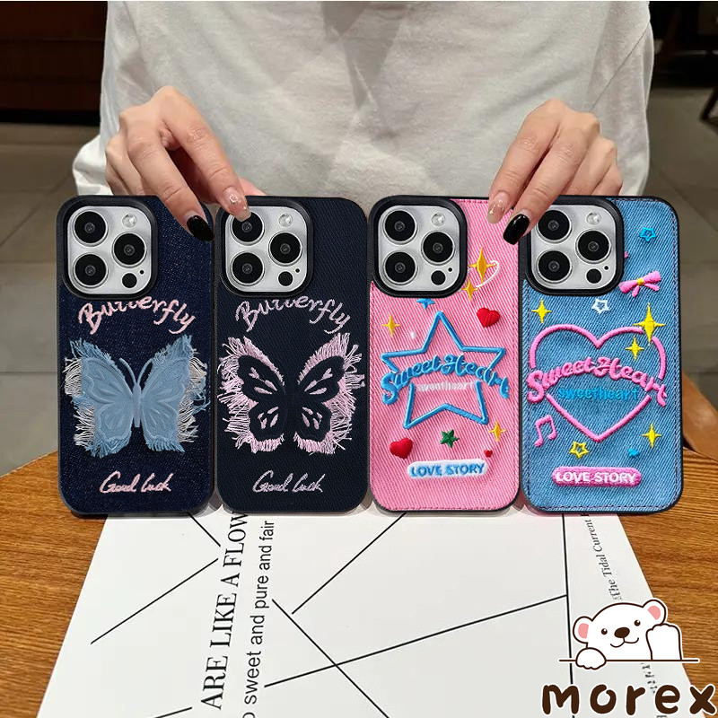 สำหรับ IPhone 17 air 13 15 16 11 XR 12 14 Pro Max 7 8 Plus XS X Max เทรนด์ใหม่ ปักลายผีเสื้อ ดาว หัวใจ หนัง เนื้อซิลิโคน