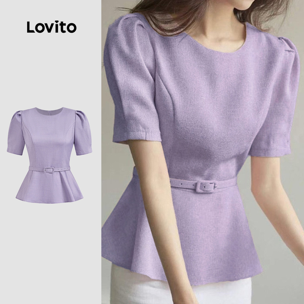 เสื้อคอกลมแขนสั้นผูกเชือกพร้อมเข็มขัด-BLB143PAD749