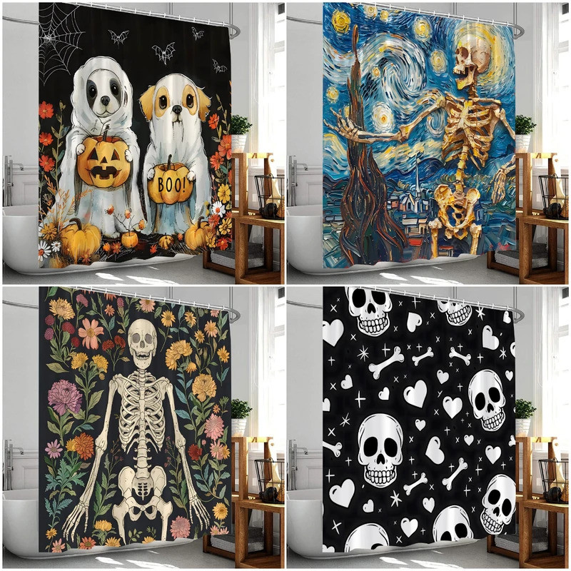 Halloween Shower Curtain Dogs Funny Skeleton Pumpkin Lantern Modern Bathroom Decor Polyester Fabric 