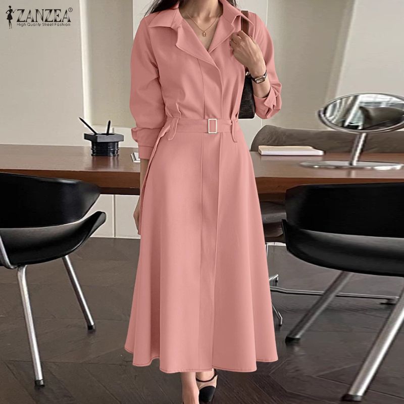 ZANZEA เดรสเชิ้ตแขนเข็มขัด สไตล์ Retro สำหรับฤดูใบไม้ร่วง — صورة 5