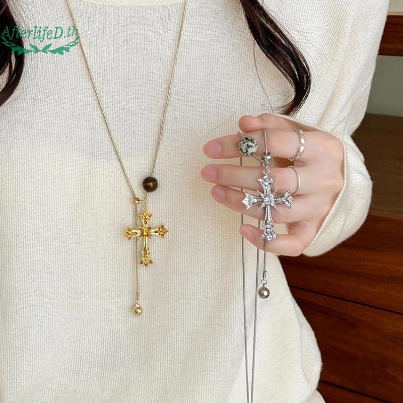 AF Y2K Cross จี้สร้อยคอลาย-metallic สำหรับผู้หญิง สไตล์วินเทจ เหมาะสำหรับสวมใส่ในฤดูหนาว