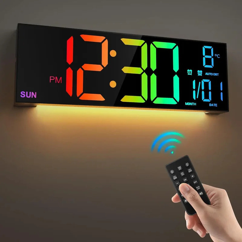 16.2'' Large Digital Wall Clock with Remote Control Big LED/Dual Alarm/8 RGB Colors Digital Alarm Cl