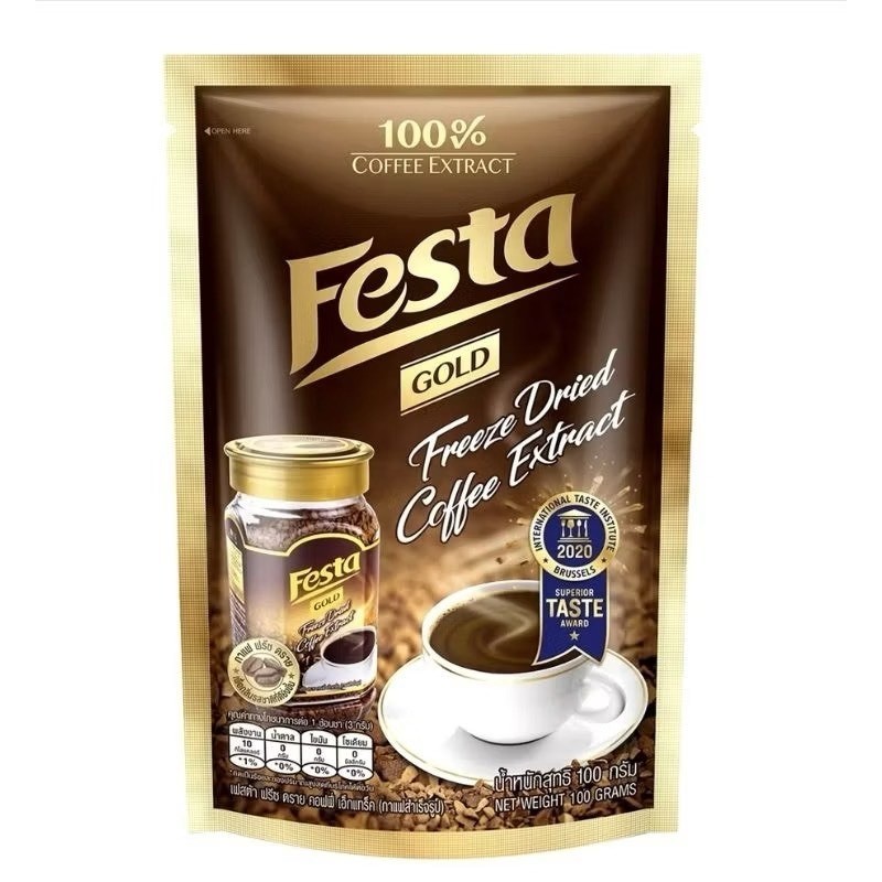 ฉลากไทย Festa Gold Freeze Dried Coffee 100g.(แบบซอง)กาแฟสำเร็จรูป เฟสต้าโกลด์ฟรีซดราย