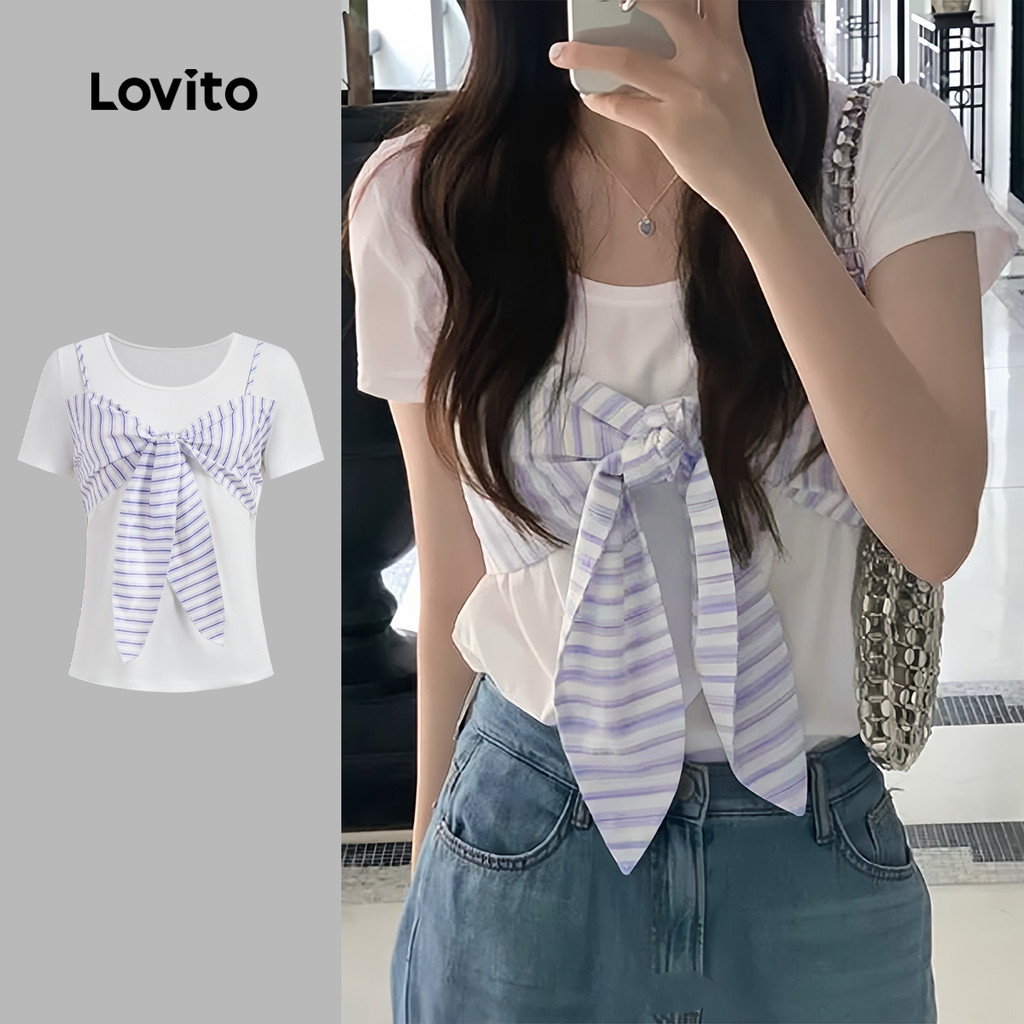 Lovito เสื้อยืดลําลองแบบผูกเชือกลายเรียบสําหรับผู้หญิง L133AD374