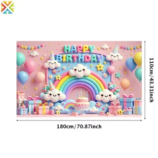สุขสันต์วันเกิดพื้นหลังแบนเนอร์บอลลูนที่มีสีสันสายรุ้งเมฆเด็กเด็กงานเลี้ยงวันเกิดตกแต่งพื้นหลังผนังฉลองอุปกรณ์ถ่ายภาพ