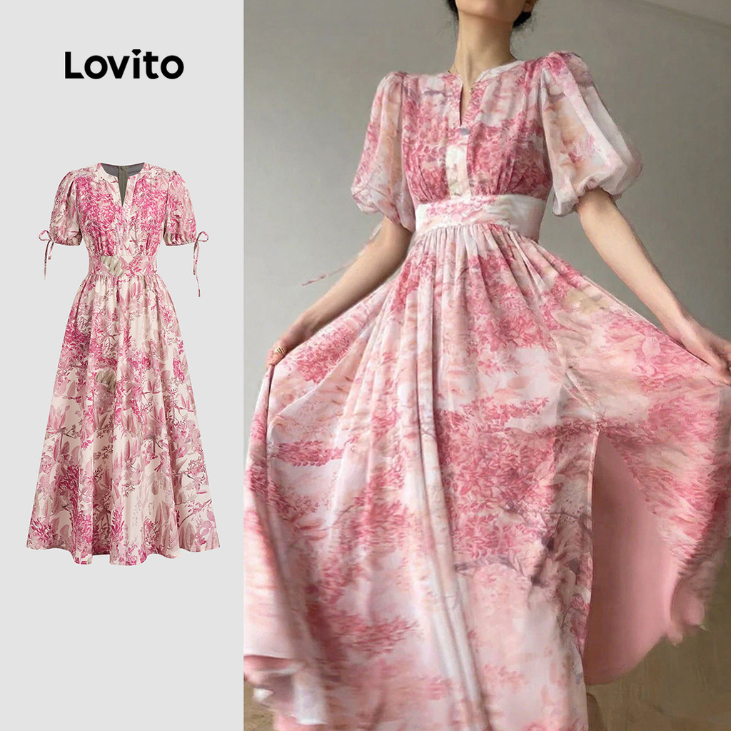 Lovito ชุดเดรสคริสต์มาส/ปาร์ตี้สุดหรู ผูกเชือก สีชมพู สำหรับผู้หญิงในฤดูใบไม้ผลิ/ฤดูร้อน L149LD490